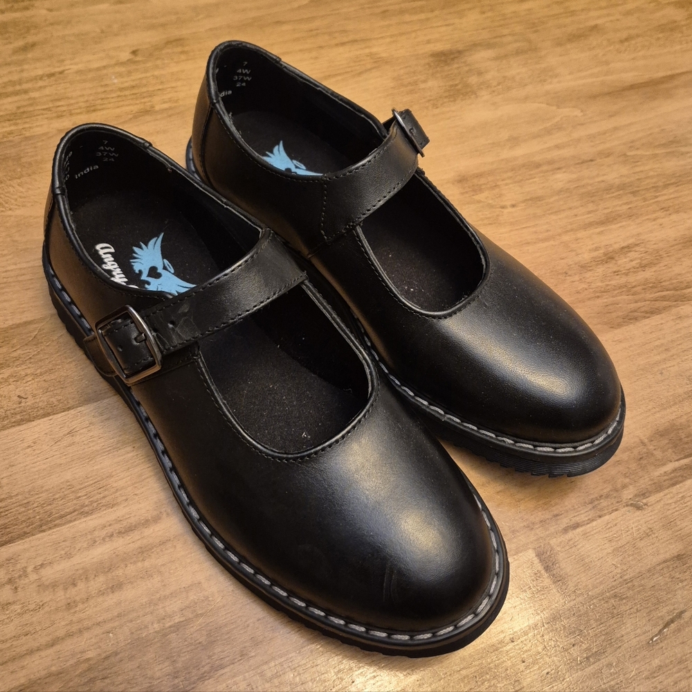 Angry Angels Black Leather Mary Janes Jane Dress Shoes. Size 7